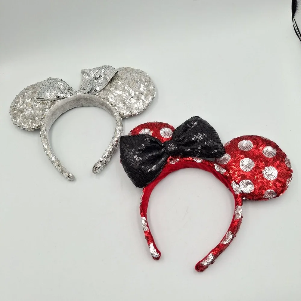 Lot of 2 Disney Parks Minnie Mouse Sequin Ear Headbands Red Polka Dot & Silver
